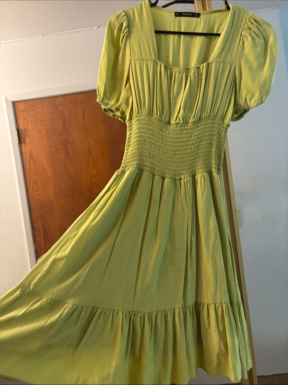 Smocked Midi Dress with Puff Sleeves in Lime Green